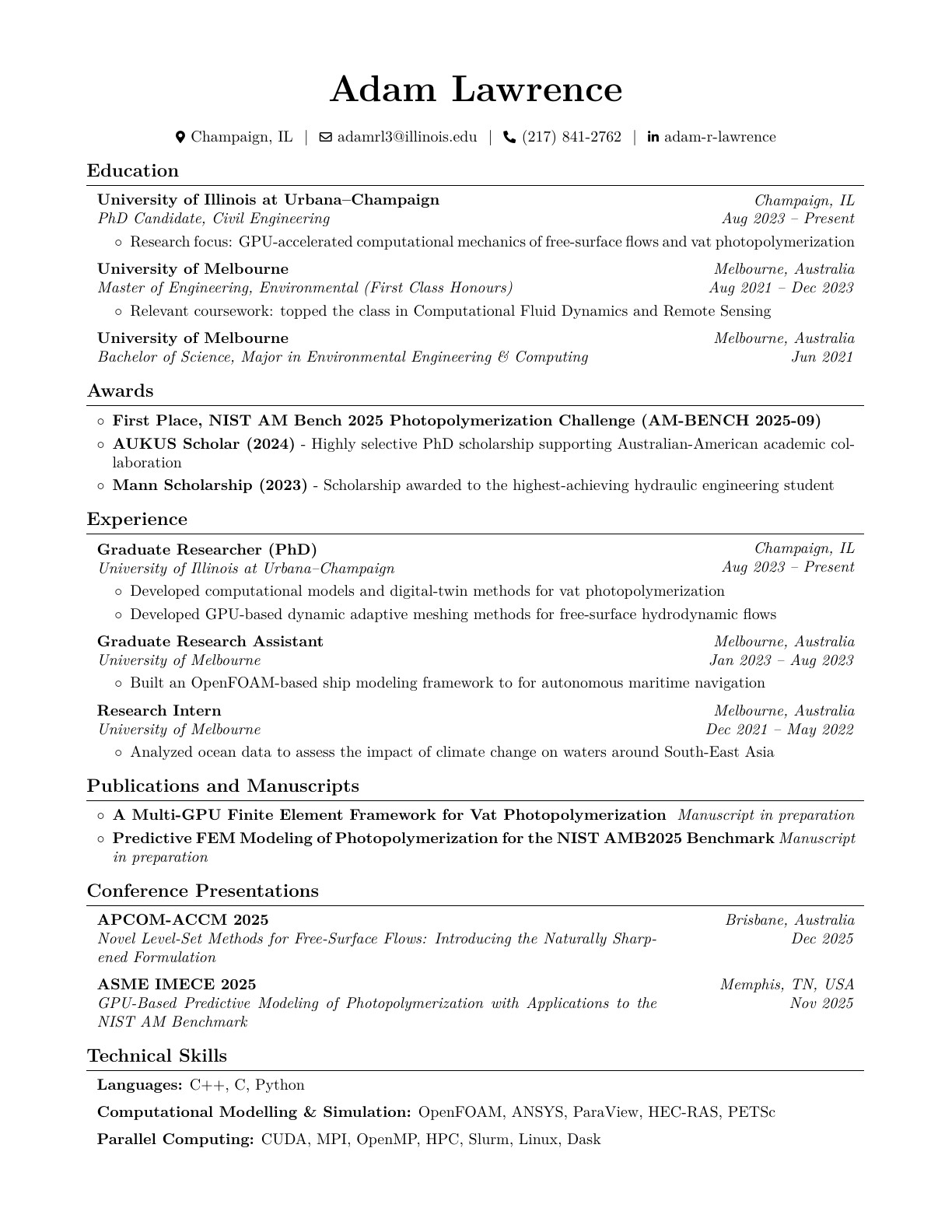 Rendered page of Adam Lawrence's resume PDF